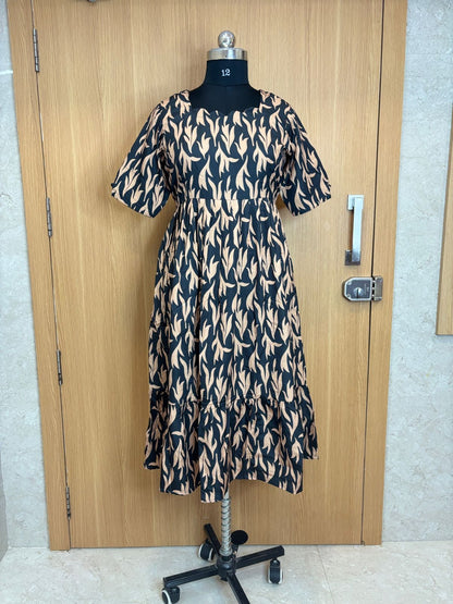 Black Beige Floral Printed Blended Cotton Non feeding Maxi