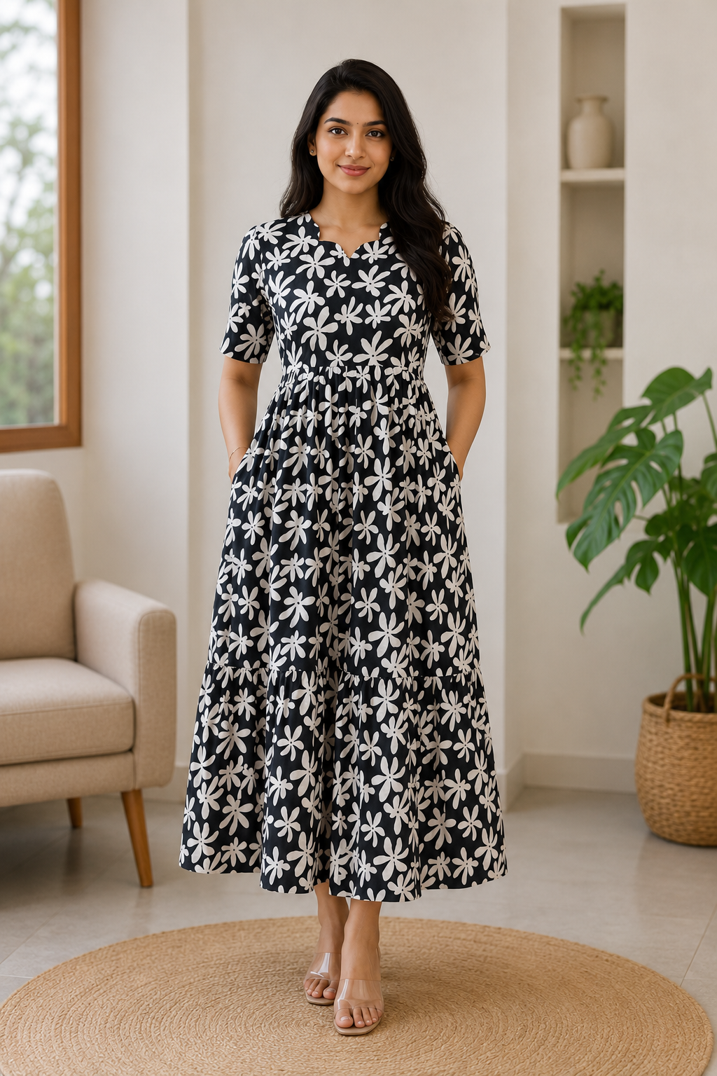 Black Floral Printed Blended Cotton Non Feeding Maxi