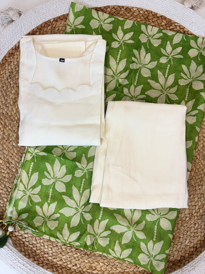 White Solid Chanderi Suit With Green Printed Dupatta