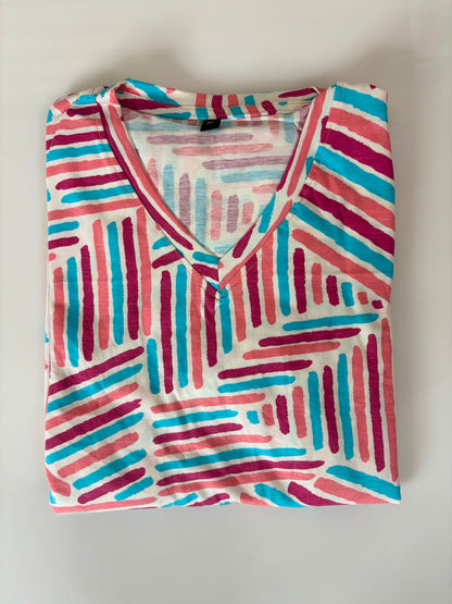 Multi Colored Printed Knitted Cotton V-neck Lounge Frock