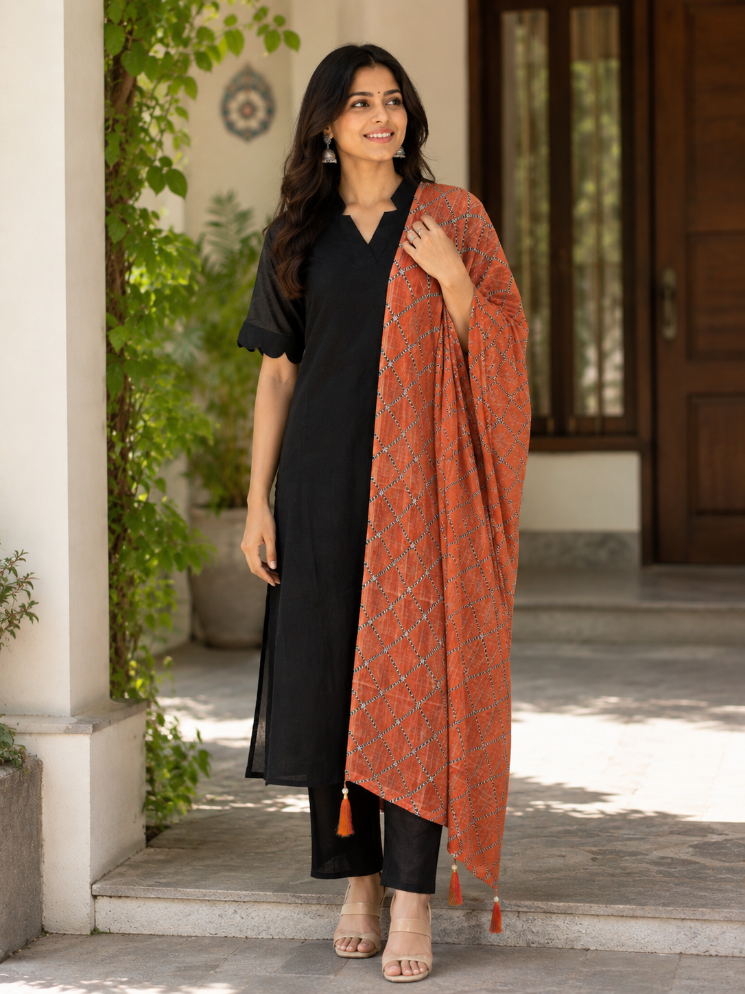 Black Solid Chanderi Suit With Orange Printed Dupatta