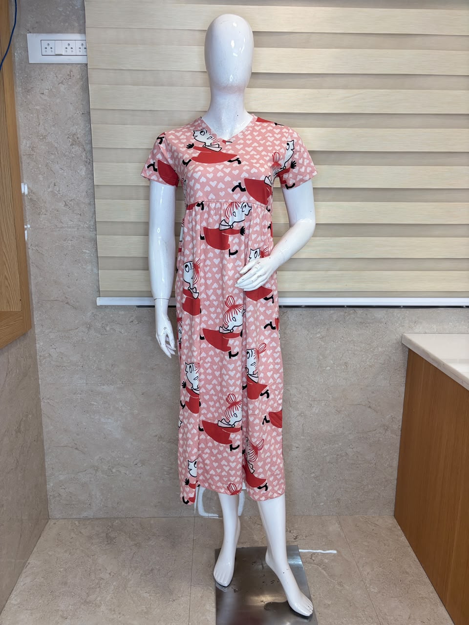 Pink Cartoon Printed Knitted Cotton V-neck Lounge Frock