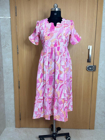 Pink Butterfly Printed Blended Cotton Feeding Maxi