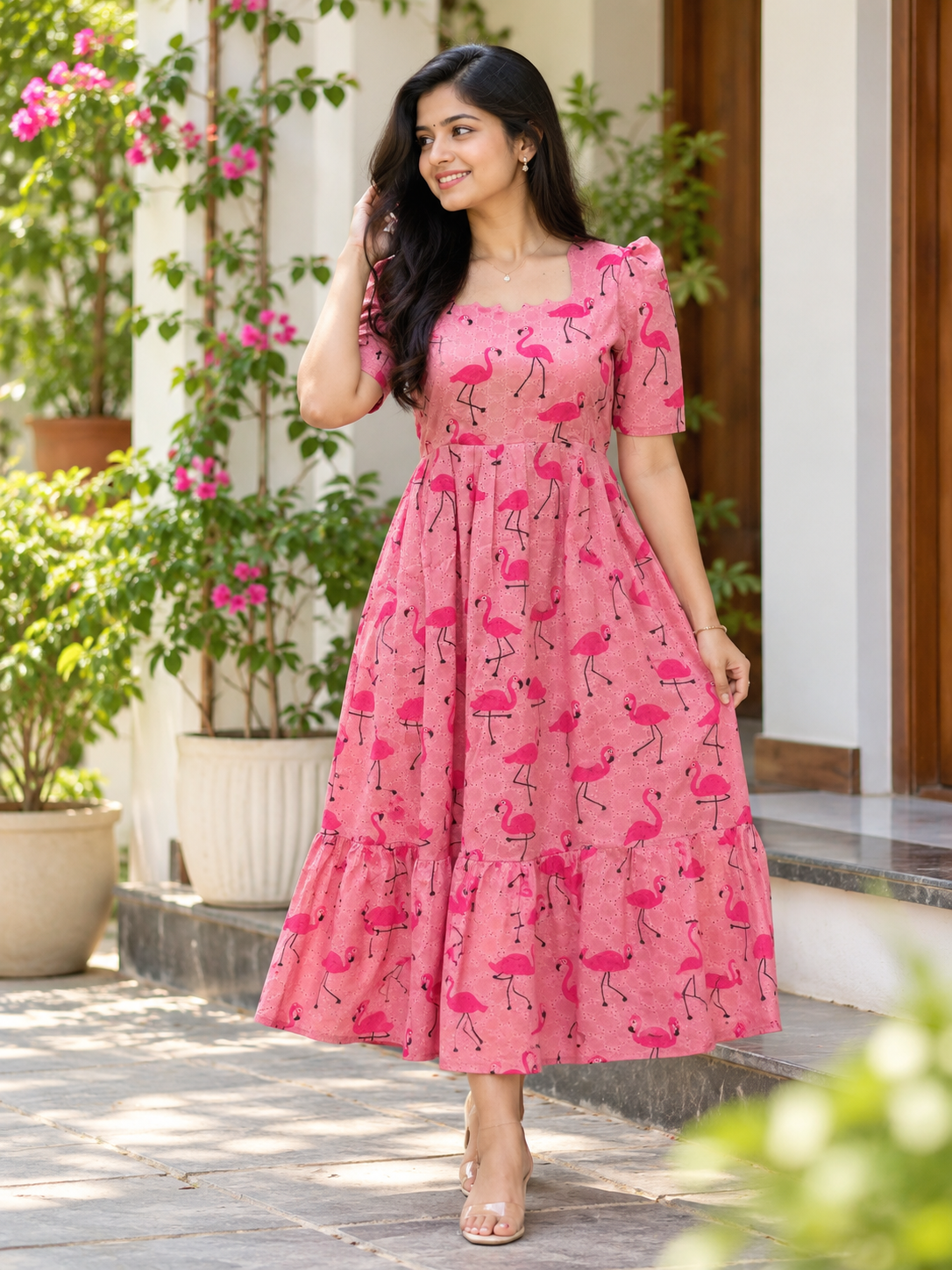 Pink Swan Printed Hakoba Non-feeding Maxi