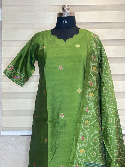 Premium Green Jamdhani Silk Kurti With Duppata 2 Piece Set