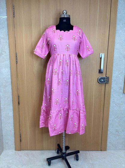 Pink Floral Printed Blended Cotton Non Feeding Maxi