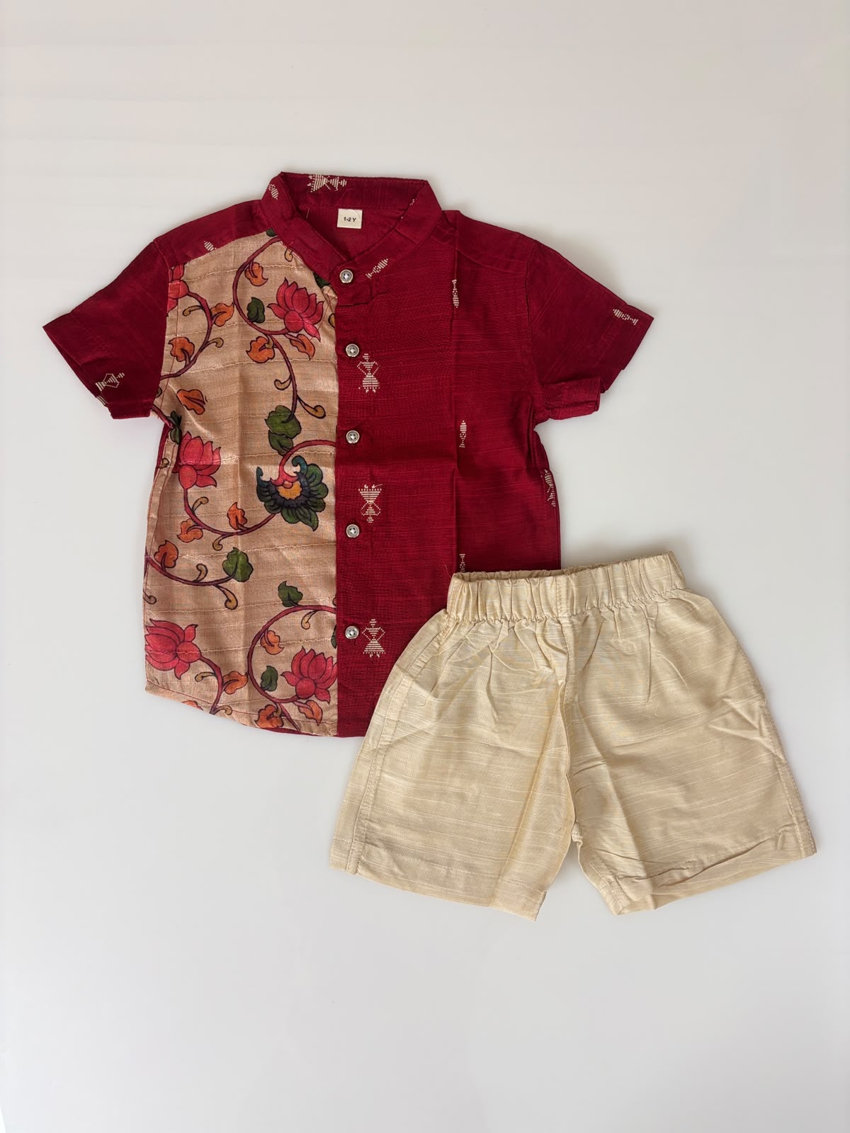 Marron Floral Printed Kids Ethnic Shirt and Shorts Set