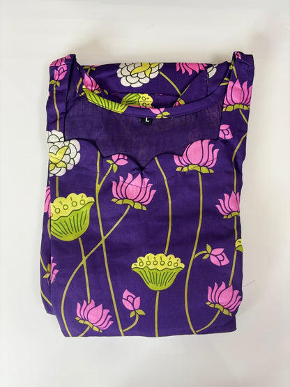 Navy Blue Lotus Printed Blended Cotton Non Feeding Maxi