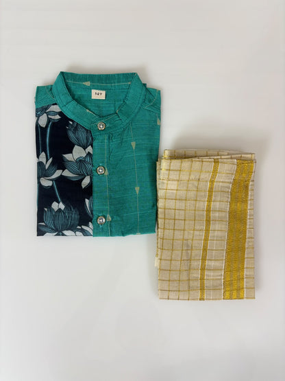 Traditional Lotus Printed Boys Ethnic Shirt and Dhoti Set