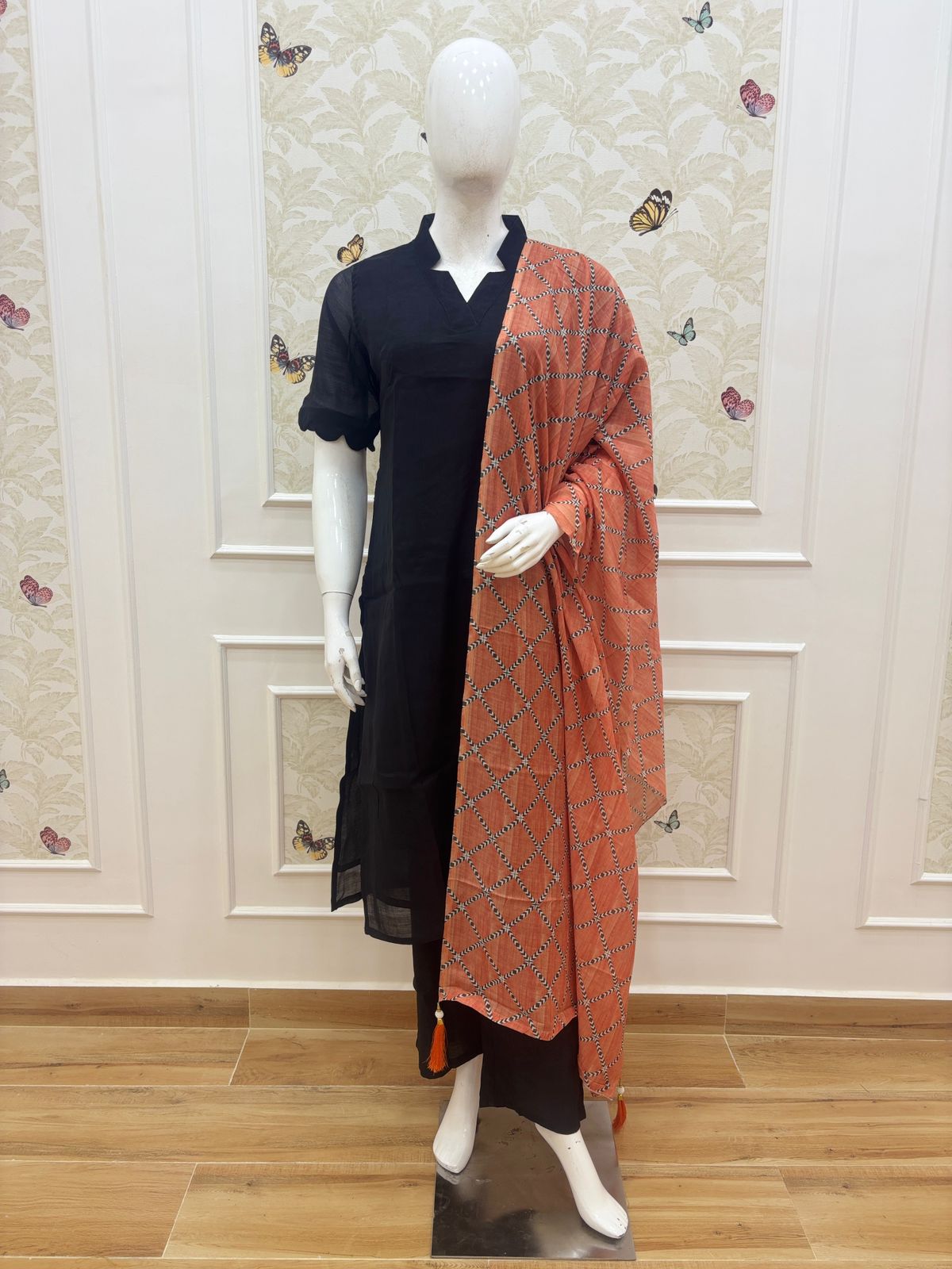 Black Solid Chanderi Suit With Orange Printed Dupatta
