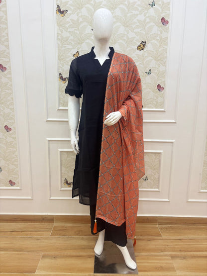 Black Solid Chanderi Suit With Orange Printed Dupatta