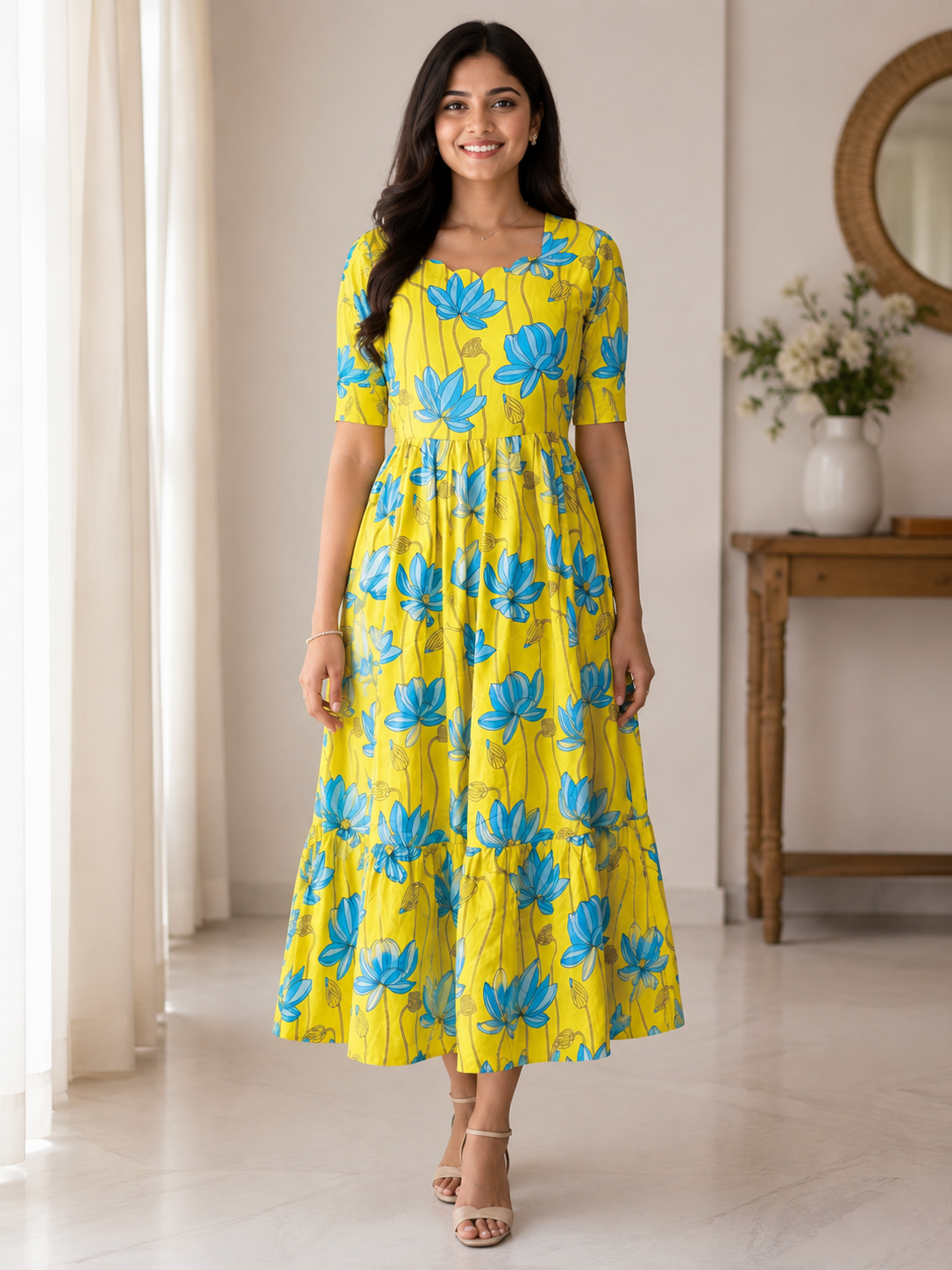 Yellow With Blue Floral Printed Blended Cotton Non Feeding Maxi