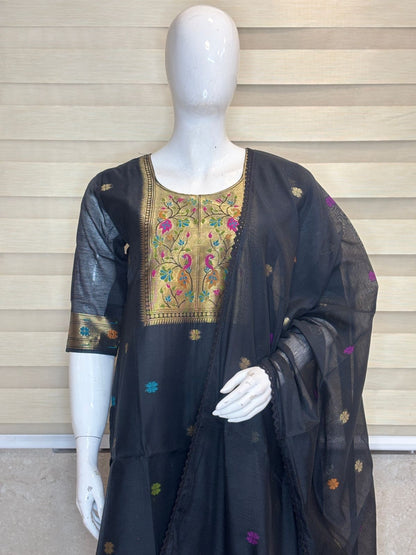 Elegant Black Patola Silk Kurta Set With Duppata