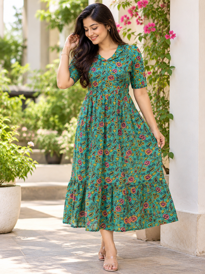 Green Bloom Printed Hakoba Non-feeding Maxi