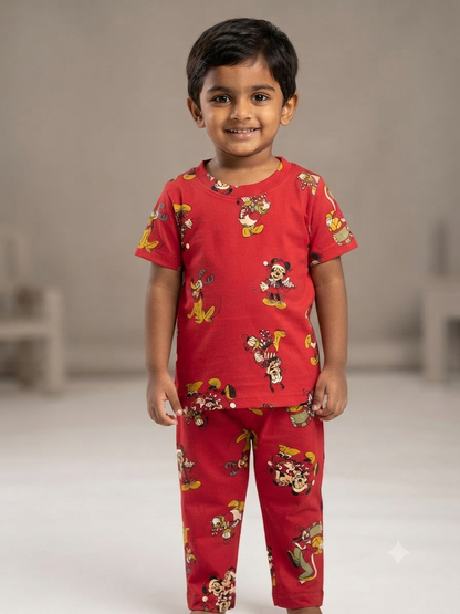 Kids Red Cartoon Character Print T-Shirt & Pants Co-ord Set