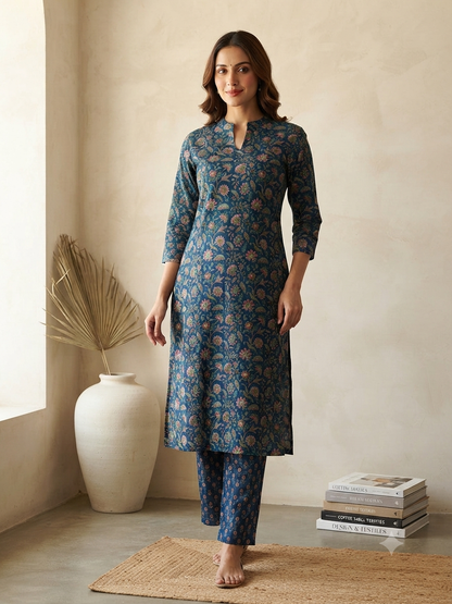 Teal Blue Floral Vine Printed Cotton Co-ord Set