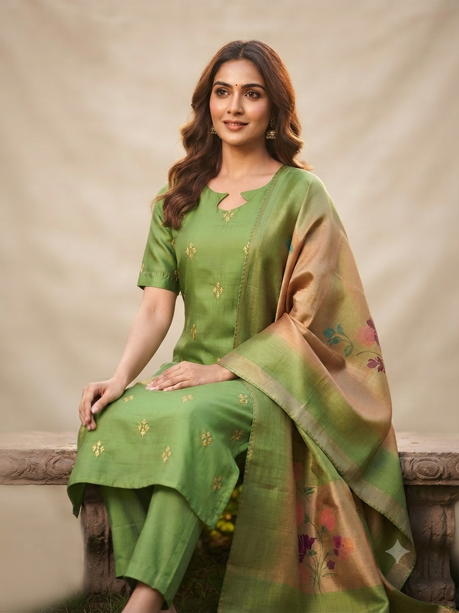 Pista Elegance Embroidered Kurta Set with Floral Woven Dupatta