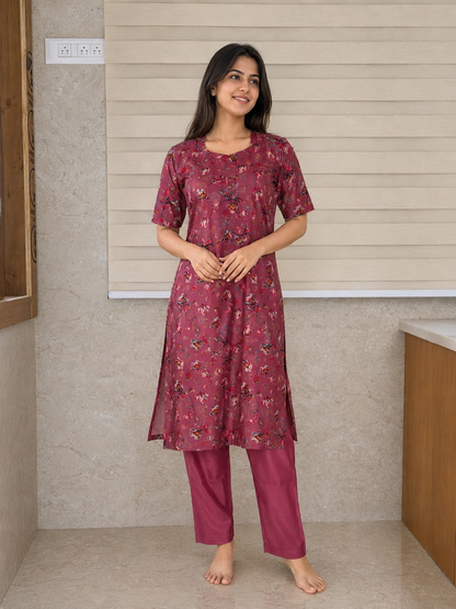 Chanderi Cotton Kurti with Silk Pant Wine Floral Bird Kurta