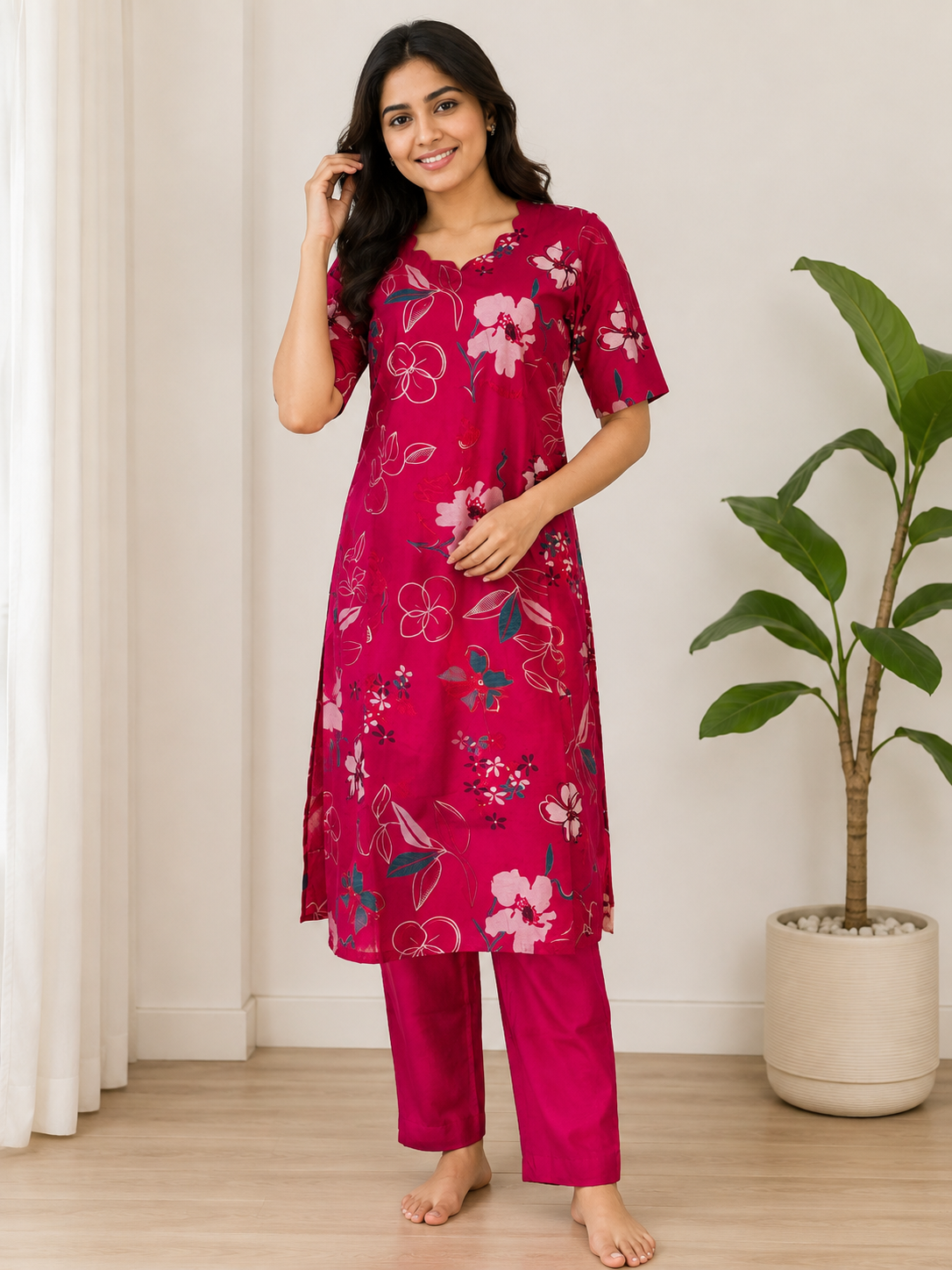 Chanderi Cotton Kurti with Silk Pant Rani Pink Floral Blossom Kurta