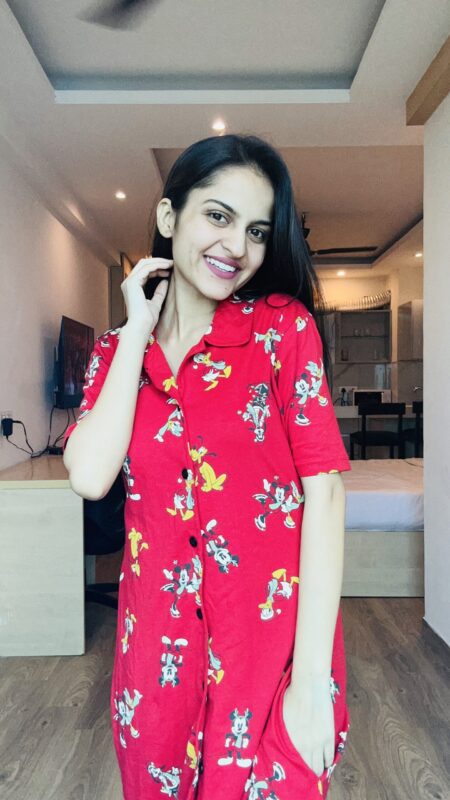 Red Mickey Mouse Printed Front Open Long Tunic