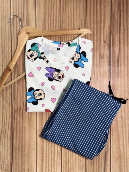 White Mickey Mouse & Heart Printed With Dark Blue Lines Contrast Lounge Set