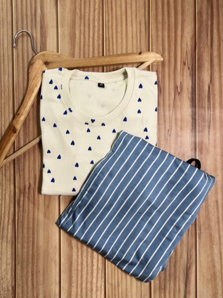 Orange and Blue Hearts Printed With Blue Line Straipes Contrast Lounge Set