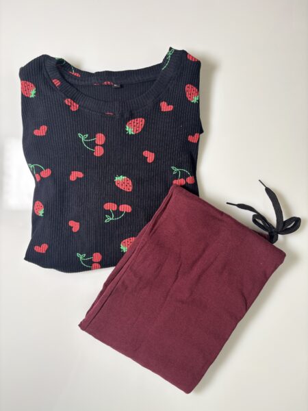 Black and Strawberry Printed Feeding Top and Brown Plain Palazzo Set