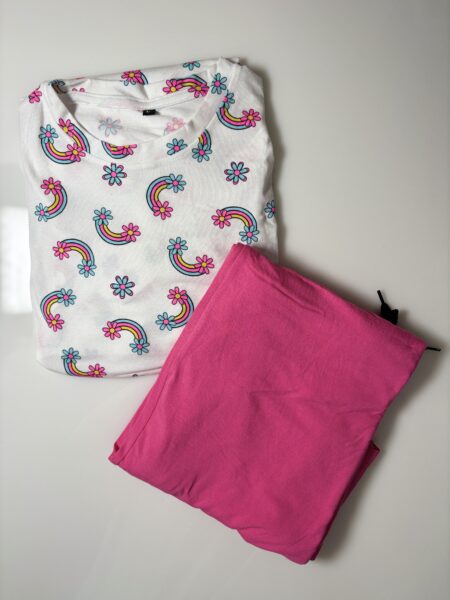 White and Rainbows Printed Feeding Top and Pink Plain Palazzo Set