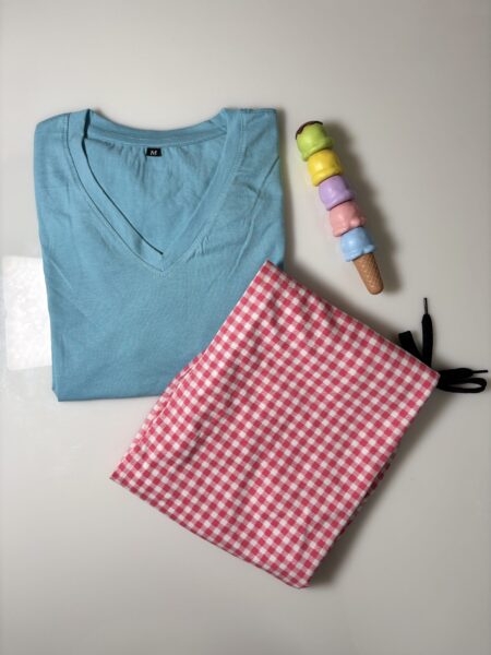 Sky Blue and Gingham Style Contrast Lounge Set
