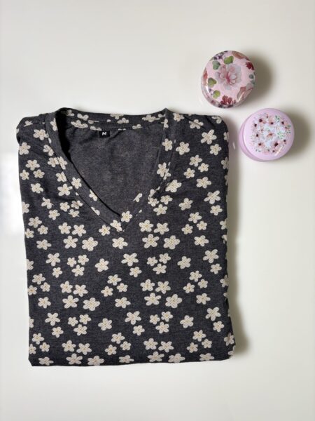 Charcoal Melange Floral Printed V-Neck Lounge Frock