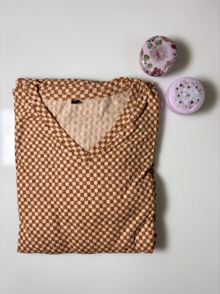 Brown and Skin Color Gingham Printed V-Neck Lounge Frock