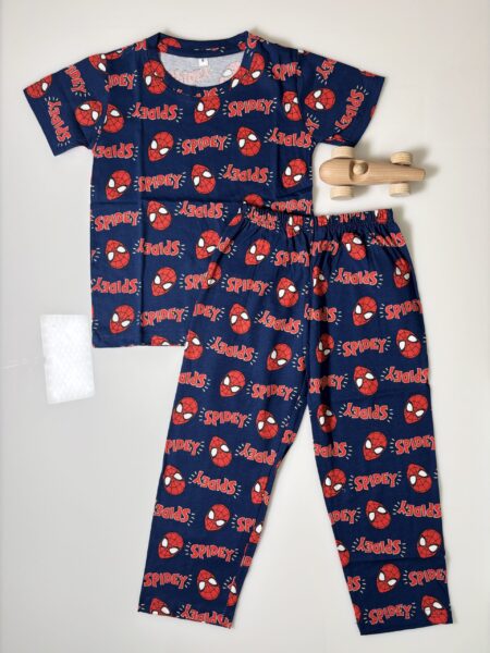 Navy Blue and Spider Masks Printed T-Shirt and Pant Co-ords