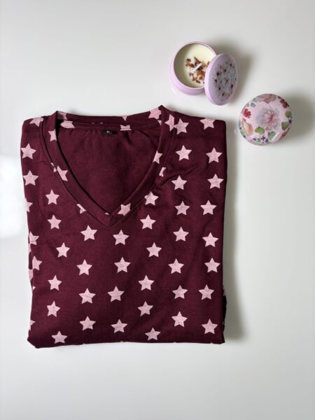 Maroon Stars Printed Knitted Cotton V-Neck Lounge Frock