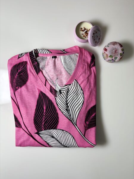 Pink Tropical Pattern Printed V-Neck Lounge Frock