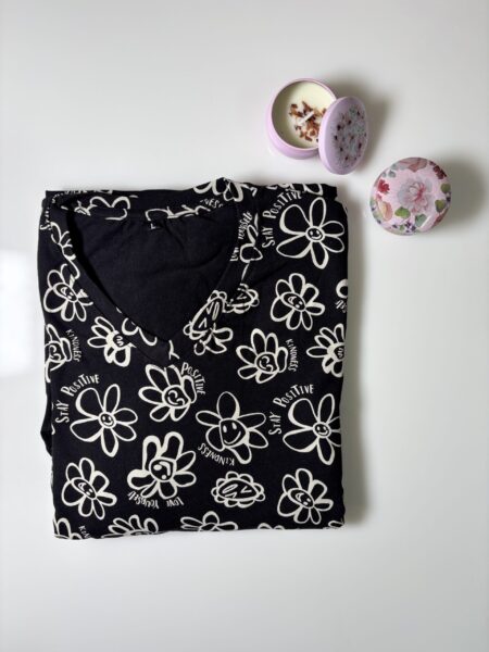Black Floral Printed Knitted Cotton V-Neck Lounge Frock