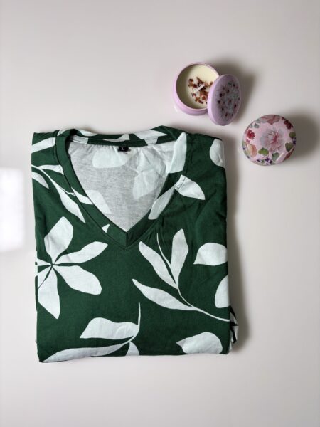 Green Tropical Pattern Printed Knitted Cotton V-Neck Lounge Frock