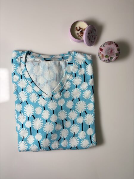 Sky Blue Ethnic Motifs Printed V-Neck Knitted Cotton Lounge Frock