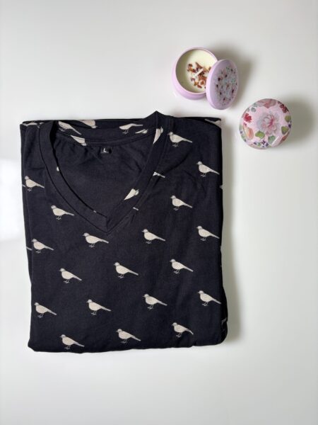 Black and White Birds Printed Knitted Cotton V-Neck Lounge Frock