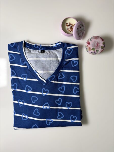 Blue Hearts with Straipes Printed Knitted Cotton V-Neck Lounge Frock