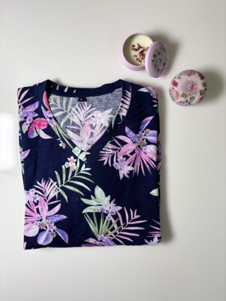 Navy Blue Floral Printed Knitted Cotton V-Neck Lounge Frock