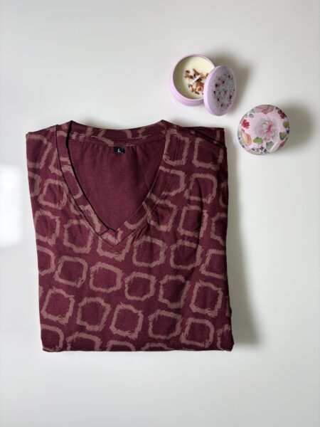 Maroon Abstract Printed Knitted Cotton V-Neck Lounge Frock