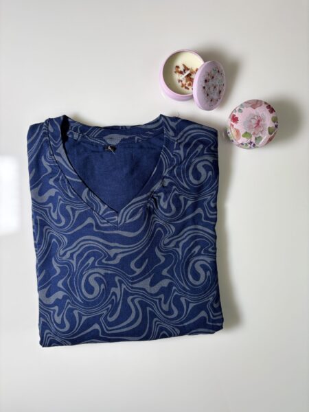 Blue Abstract Geometric Printed Knitted Cotton V-Neck Lounge Frock