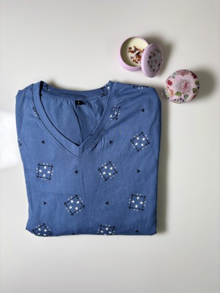 Denim Blue Ethnic Motifs Printed Knitted Cotton  V-Neck Lounge Frock