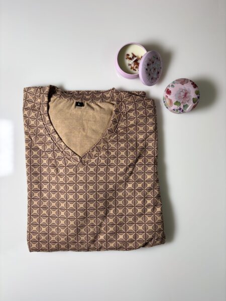 Skin Color Leaf Printed V-Neck Lounge Frock