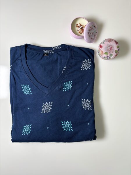 Navy Blue Floral Printed Knitted Cotton V-Neck Lounge Frock
