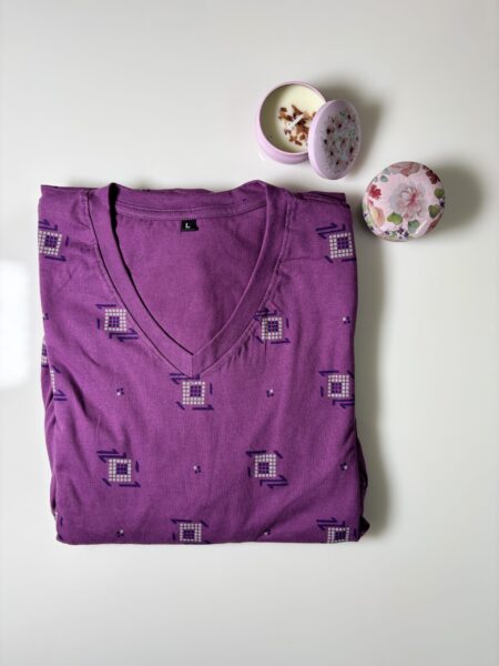 Purple Ethnic Motifs Printed Knitted Cotton V-Neck Lounge Frock