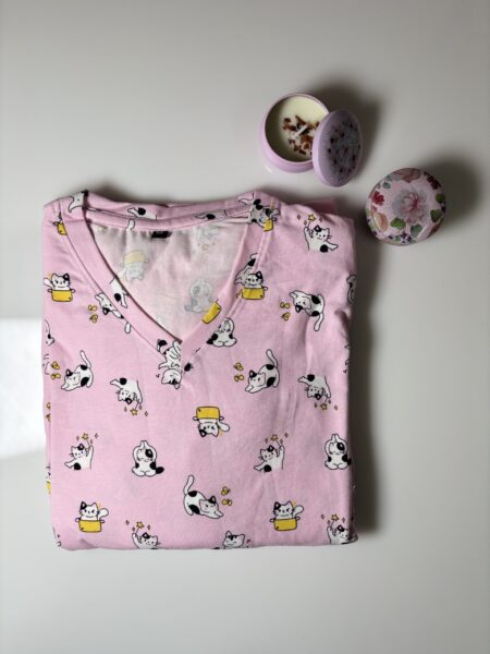 Baby Pink  Catty's Printed Knitted Cotton V-Neck Lounge Frock
