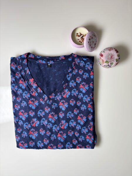Blue Dye & Tie Printed Knitted Cotton V-Neck Lounge Frock