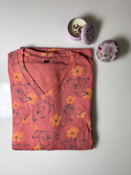 Blush Pink Floral Printed Knitted Cotton V-Neck Lounge Frock