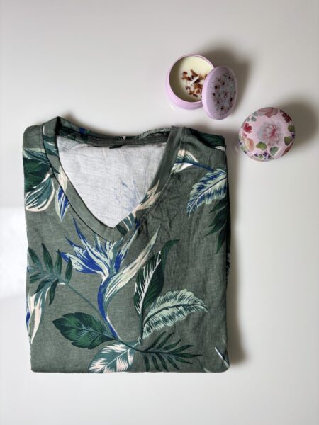 Virdian Green Tropical Pattern Printed Knitted Cotton V-Neck Lounge Frock